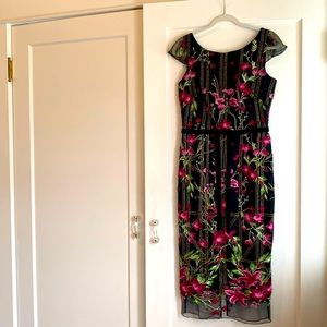 Marchesa Notte Lace Floral Embroidered Midi Dress